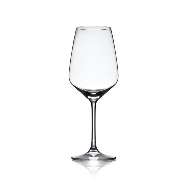A clear wine glass is displayed against a white background, emphasizing its design and the importance of careful handling.