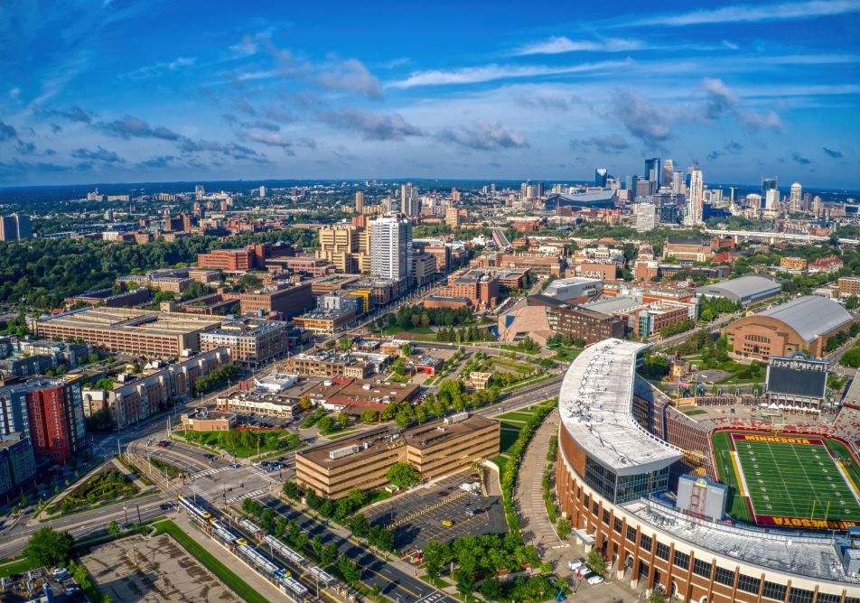 Aerial View of a large Public University near Downtown Minneapolis in the Twin Cities of Minnesota