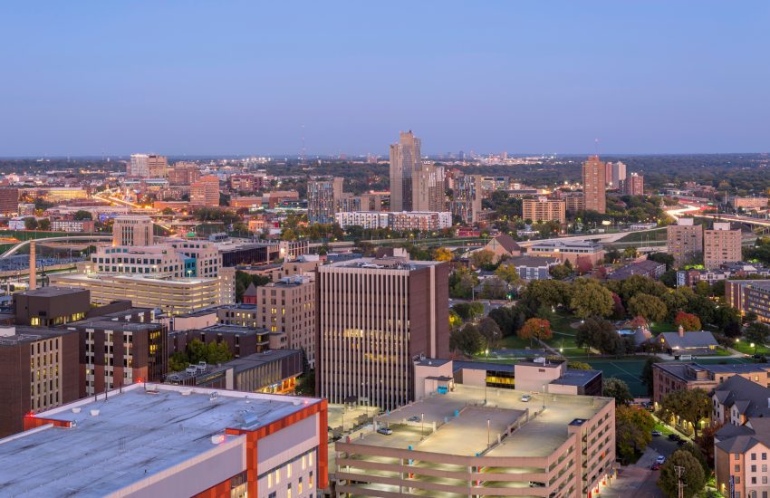 A Long Exposure Shot of the Riverside and University of Minnesota Neighborhoods and Distant St. Paul Skyline during Blue Hour