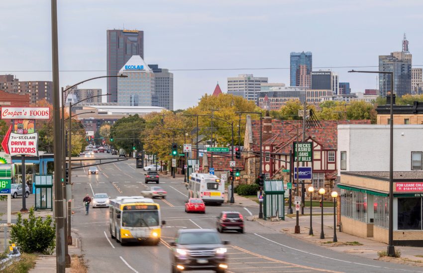 ST. PAUL, MN - OCTOBER 2020 - A Telephoto Shot Looking Down Traffic along West 7th Street into Downtown St. Paul on an Overcast Fall Day