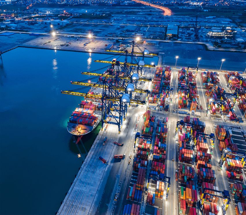 International moving services at a bustling harbor with numerous cargo containers