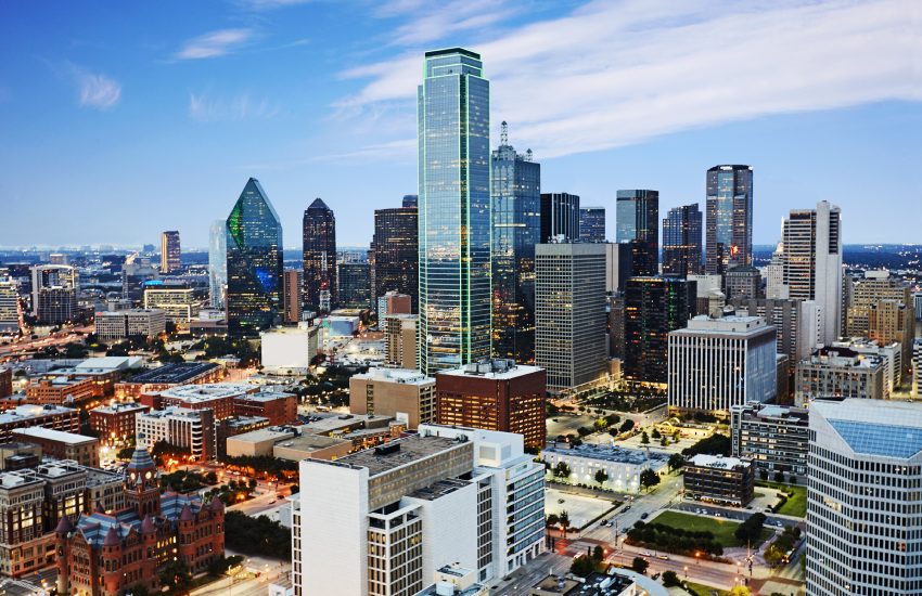 Aerial view of the financial hart of Dallas Texas at dusk