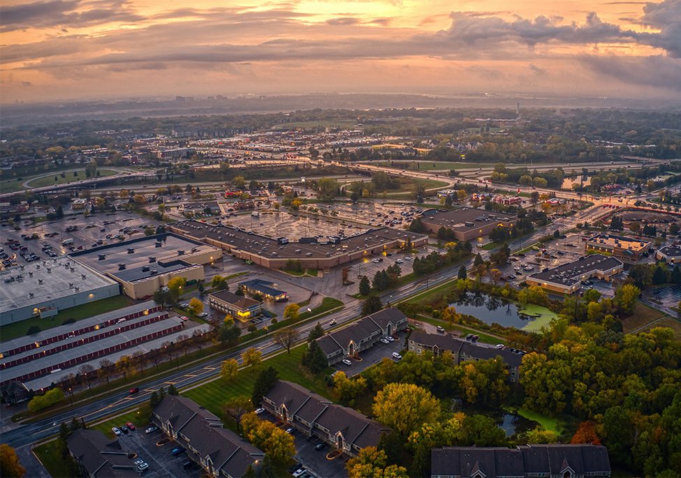 Aerial view of a parking lot in Eagan, MN cityscape