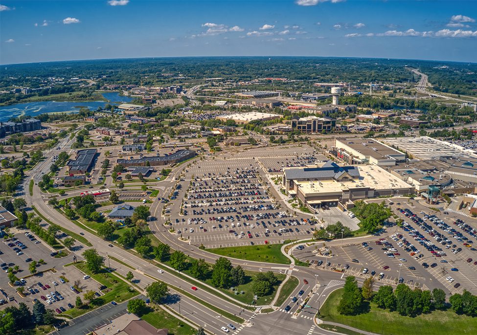 An aerial view of the shopping district of Eden Prairie, MN
