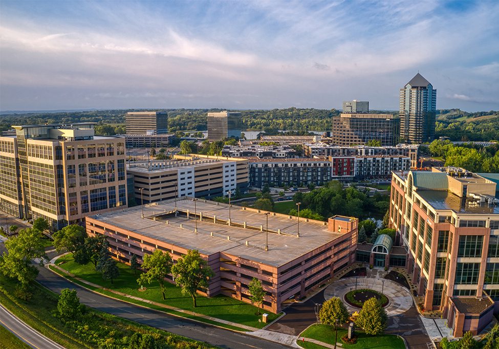 Aerial View of the Business District of Edina, Minnesota at Sunrise 