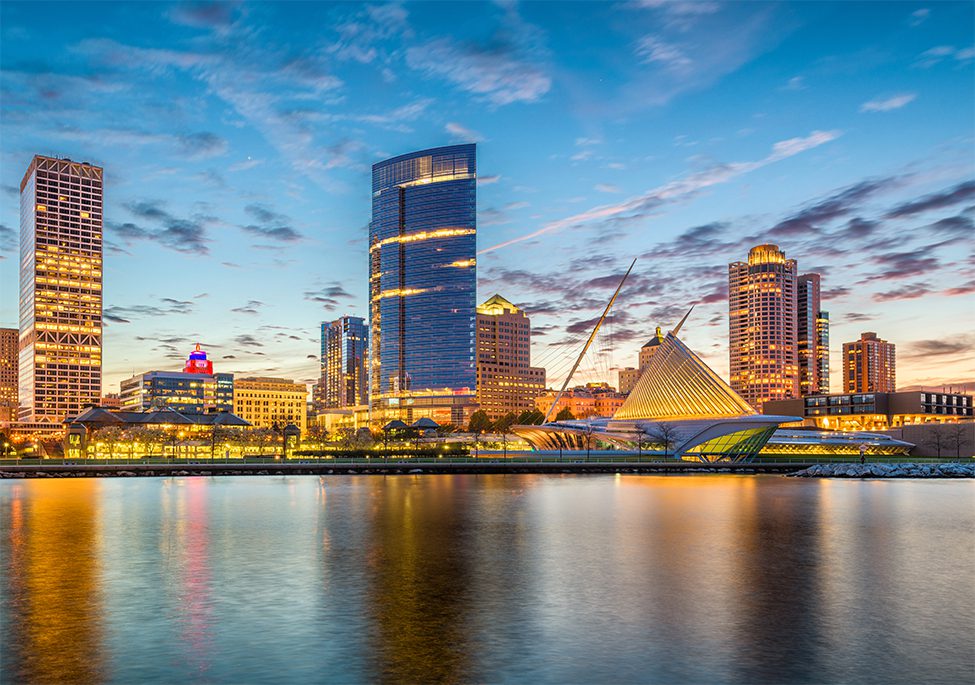 Milwaukee, Wisconsin, USA downtown city skyline on Lake Michigan at twilight