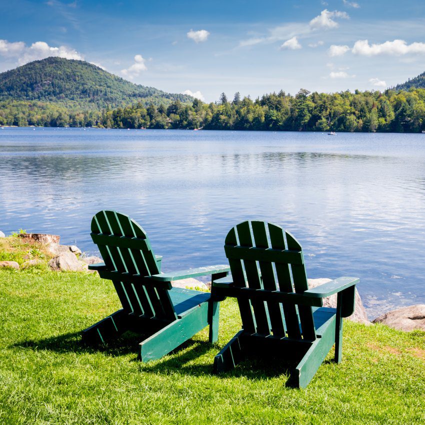 Adirondack chairs. Mirror Lake, Lake Placid New York. Summer, vacation, outdoors, travel, explore, nature, camping, lake and mountain vacation concept