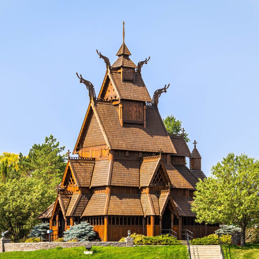Stave church of Norwegian design found in Minot, North Dakota with architecture similar to structures found in Norway