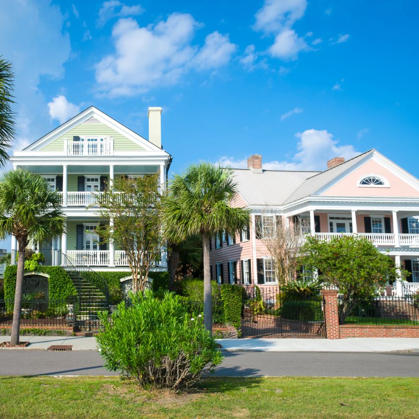 Brightly colored colonial architecture in the historical heart of the Battery neighborhood in Charleston, South Carolina, USA
