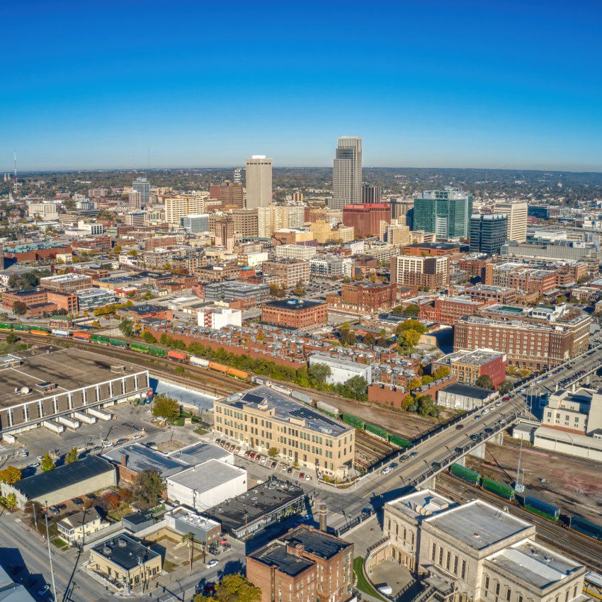 Aerial View of Downtown Omaha, Nebraska in Autumn