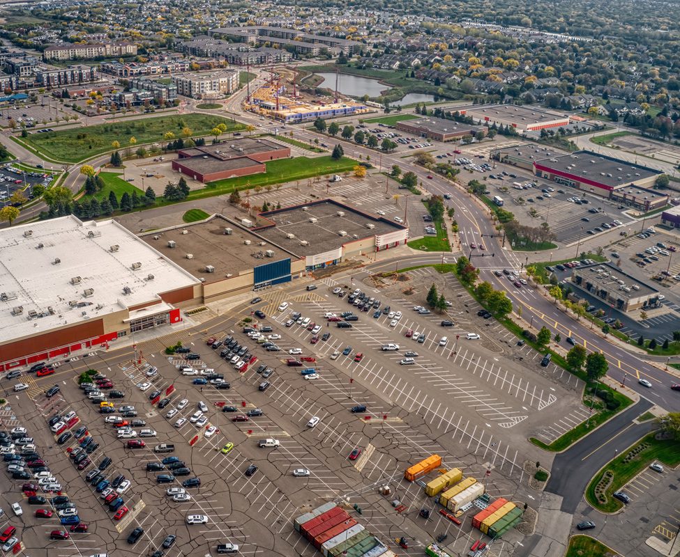 Aerial view of Apple Valley parking lot and city skyline