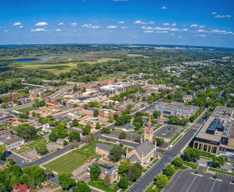Shakopee aerial view. Church and downtown. Shakopee Movers - Piepho Moving & Storage