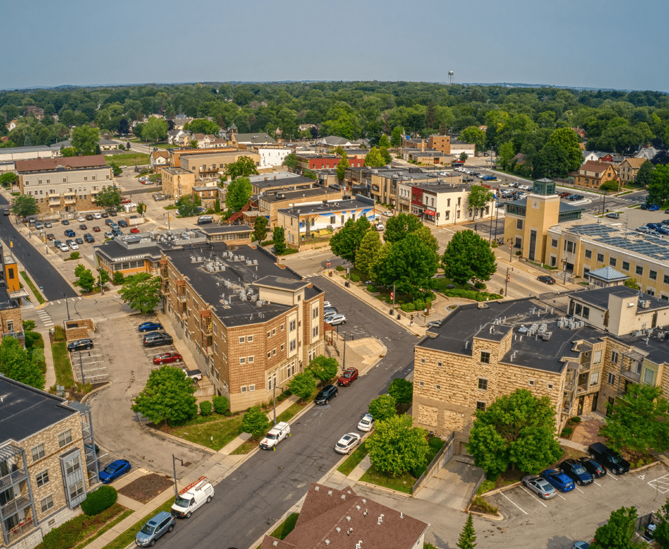 Sun Prairie aerial view of the downtown. Sun Prairie Movers - Piepho Moving & Storage