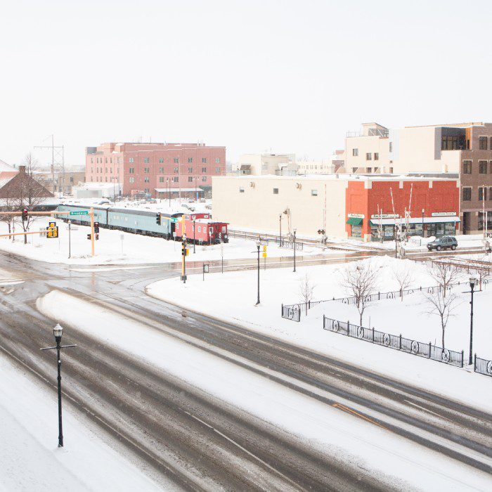 A snowstorm passes thru fargo, North dakota in winter.