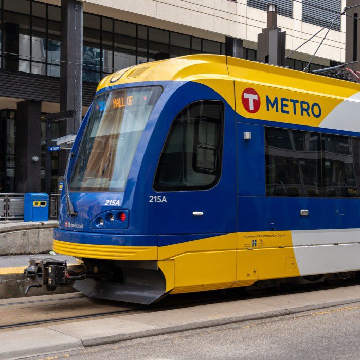 A light rail train in downtown Minneapolis, Minnesota, USA, May 5, 2023. Metro Transit is the primary public transportation operator in the MinneapolisSaint Paul area.
