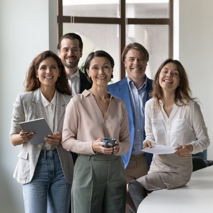 Portrait of modern business startup team members, entrepreneurs, older 55s and younger 35s businesspeople standing in well decorated office environment, smile look at camera. Professional occupation