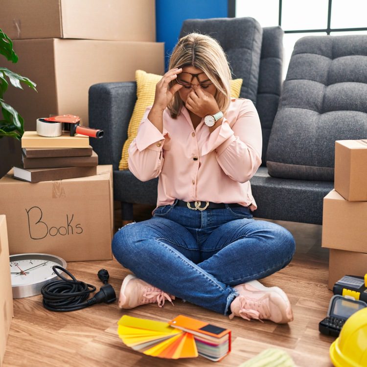 Young hispanic woman moving to a new home sitting on the floor tired rubbing nose and eyes feeling fatigue and headache. stress and frustration concept.