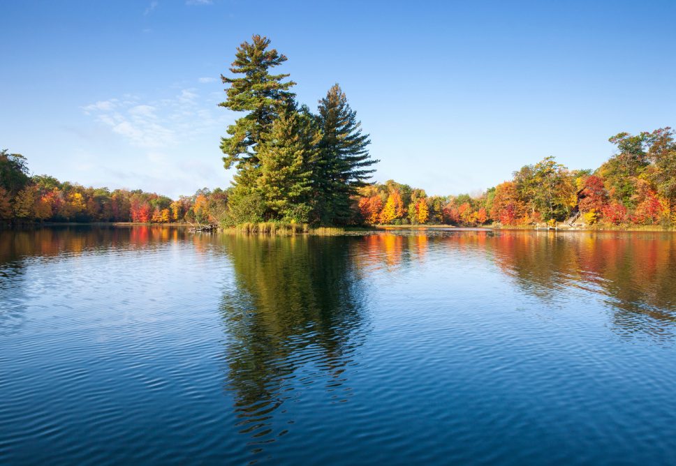 Pretty blue lake with trees in autumn color and a small island on a bright morning
