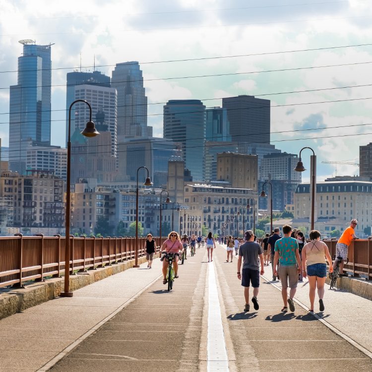 street view on Stone Arch Bridge in Minneapolis, Minnesota - July, 2017: USA