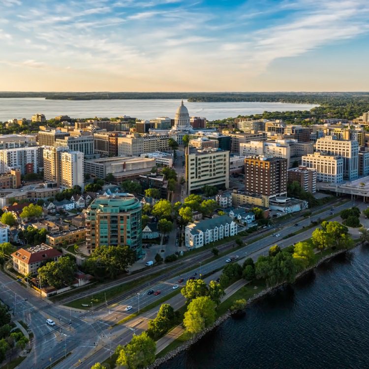 Aerial view of Madison city downtown at sunset, Wisconsin