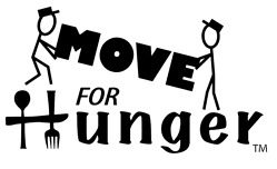 Logo featuring stick figures carrying the words "MOVE FOR HUNGER" with a fork symbol integrated into the design.