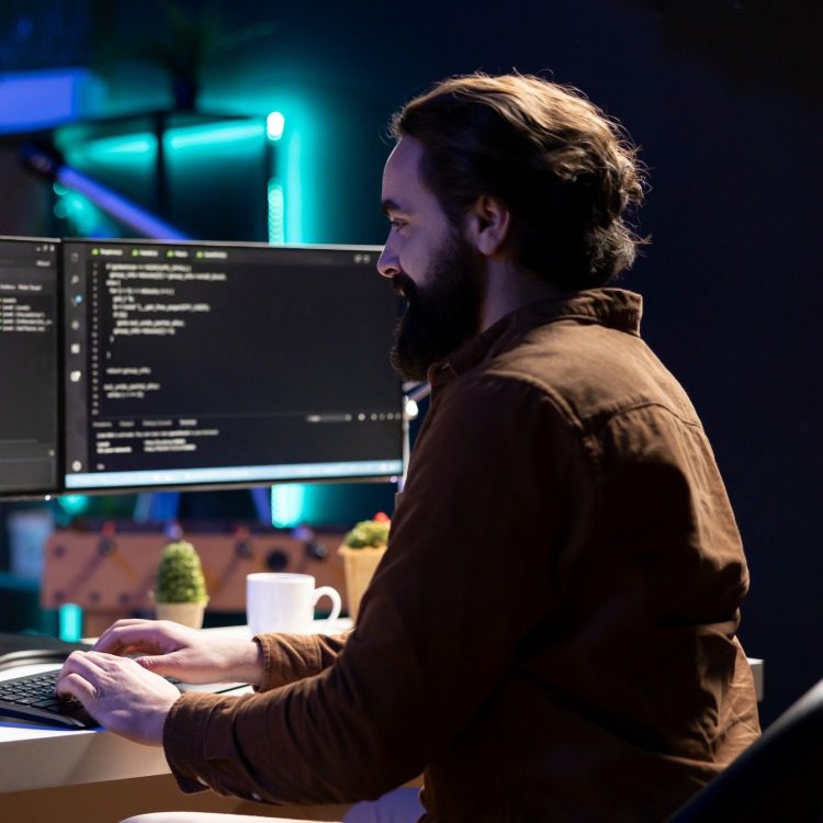 Smiling IT professional working from home developing software in Java programming language using desktop PC. Happy developer in apartment writing lines of binary code on computer using keyboard