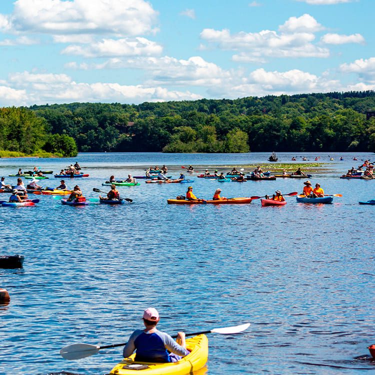 people at lake doing kayak