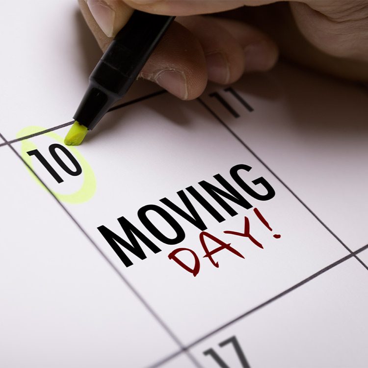 A calendar page displaying "Moving Day," emphasizing the scheduled date for a Minnesota summer relocation.