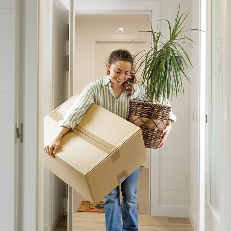 Woman moving and carrying box and plant for relocation