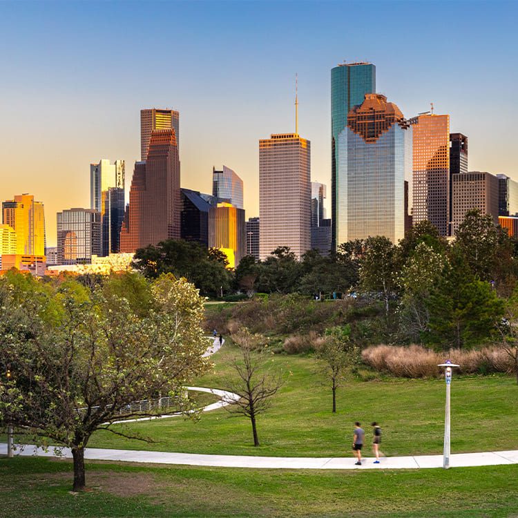 A scenic park with lush greenery and a prominent Houston skyline rising in the background.