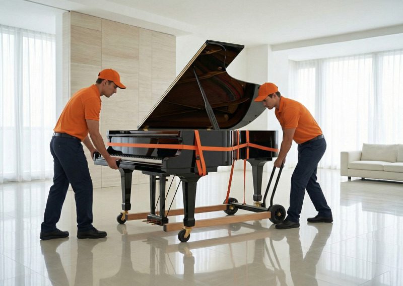 Two piano movers carefully transporting a grand piano in a bright room.