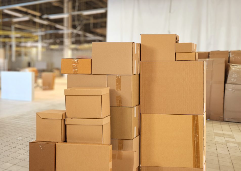 Cardboard boxes in building under construction. Stack of parcels without label. Boxes inside future office building. Concept of moving commercial company. Office changing company boxes