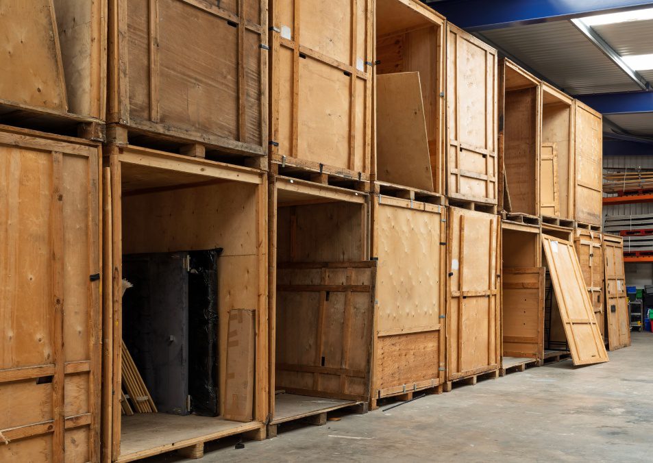 Wooden storage crates stacked inside professional storage company warehouse. Concept of secure storage, removals, logistics, inventory management, and business continuity