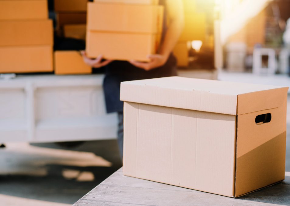 Startup small business entrepreneur of freelance Asian woman using a laptop with box Cheerful success Asian woman her hand lifts up online marketing packaging box and delivery SME idea concept