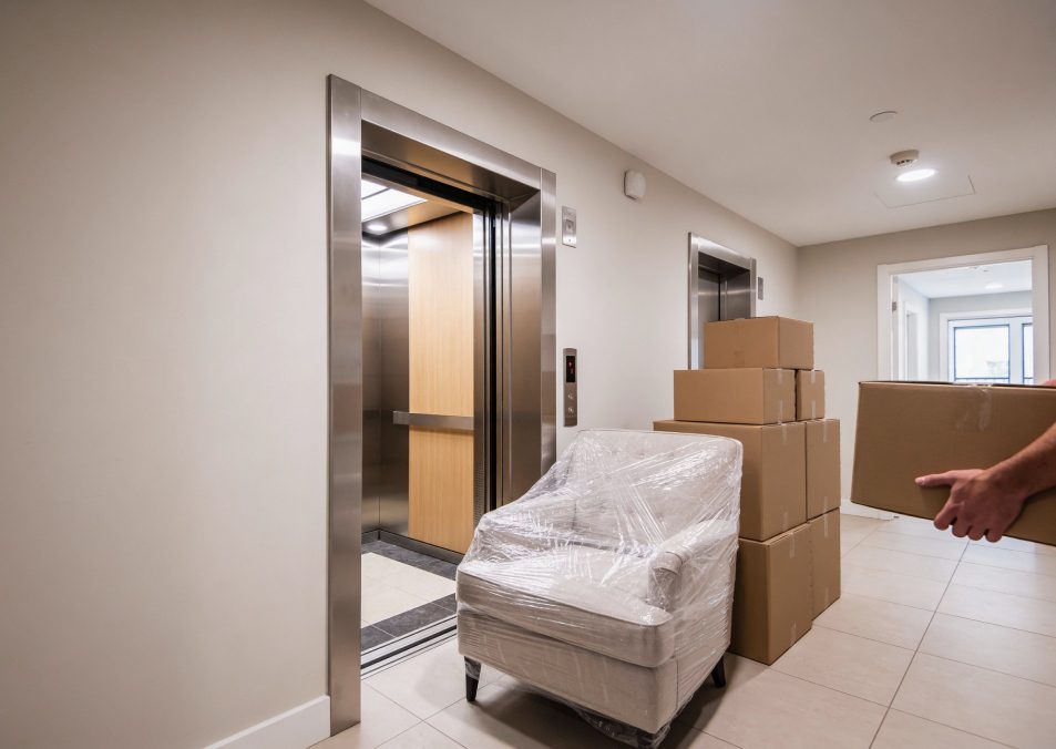 A person's hands carry a cardboard box towards an elevator where a chair wrapped in plastic and stacked boxes await transport