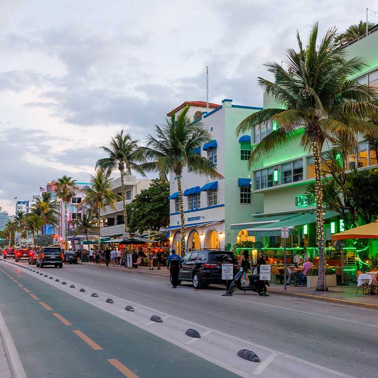 Miami Beach, Florida skyline with palm trees, representing a move from Minneapolis, MN to a warmer coastal city.