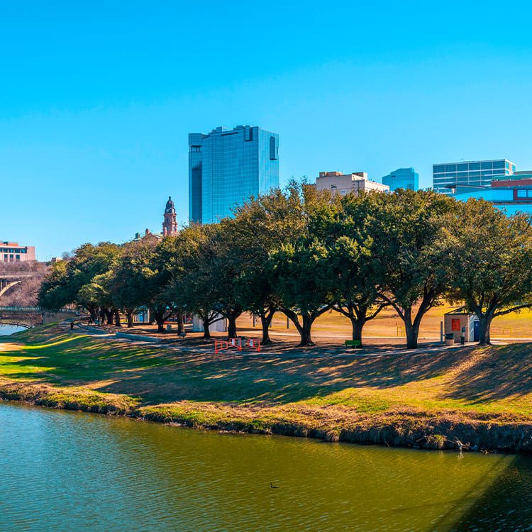 downtown Fort Worth, Texas skyline viewed from the Trinity River.