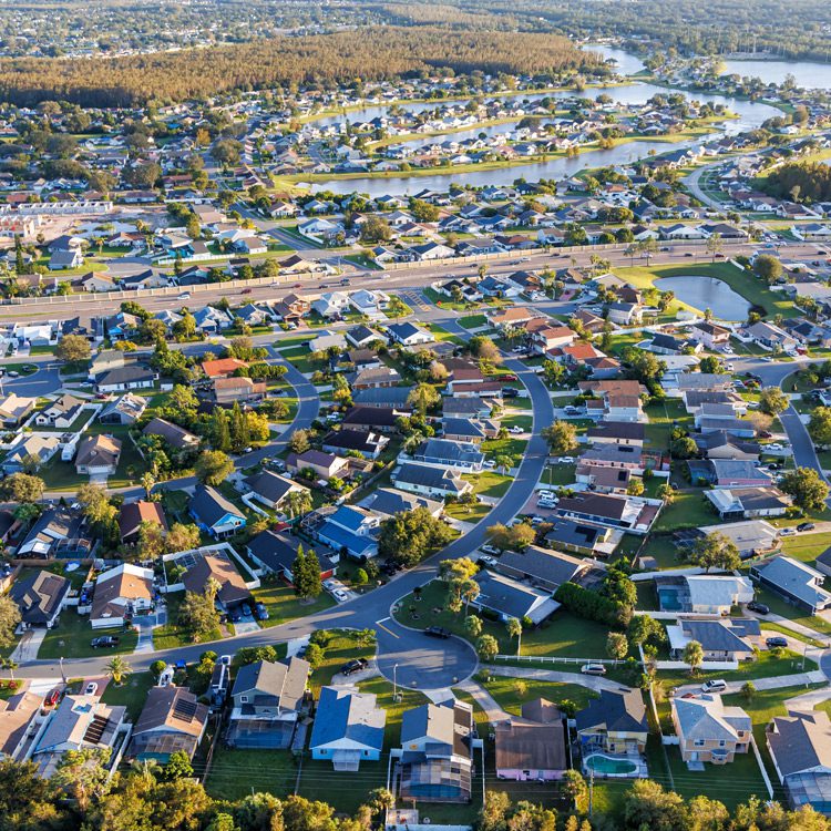 Aerial view photo of new modern neighborhood real estate buildings in Florida Buenaventura Lakes, Orlando, United States