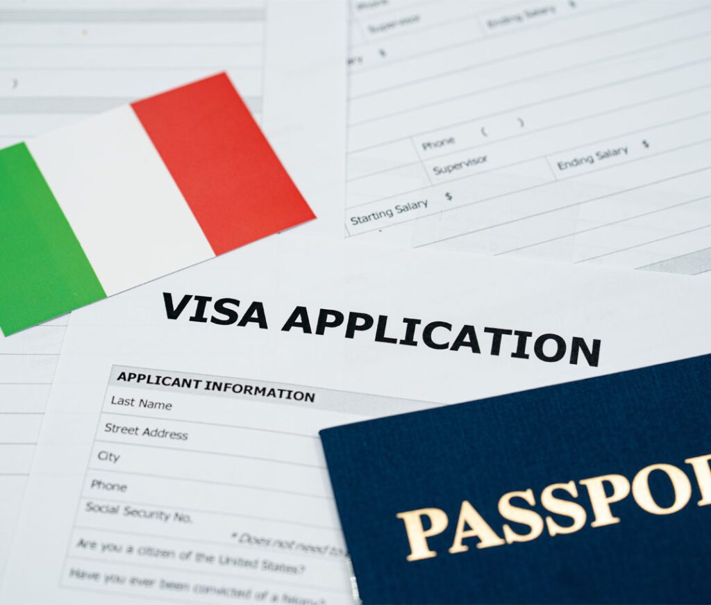 View of Italy visa application form with passport and national flag.
