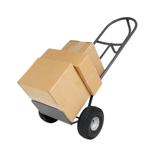 Heavy duty dolly with three shipping boxes.